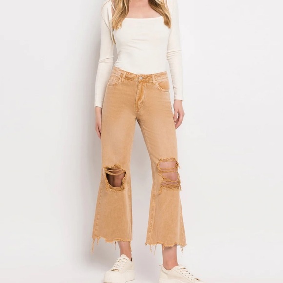 Vervet Leslie Super High Rise 90's Vintage Crop Flare Jeans Tan Brown Size 32 U - Picture 1 of 11